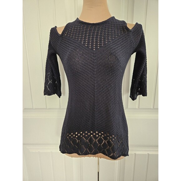 lauren conrad tops Cold Shoulder Navy Lace Knit Crochet Top LC Size S - Picture 2 of 7